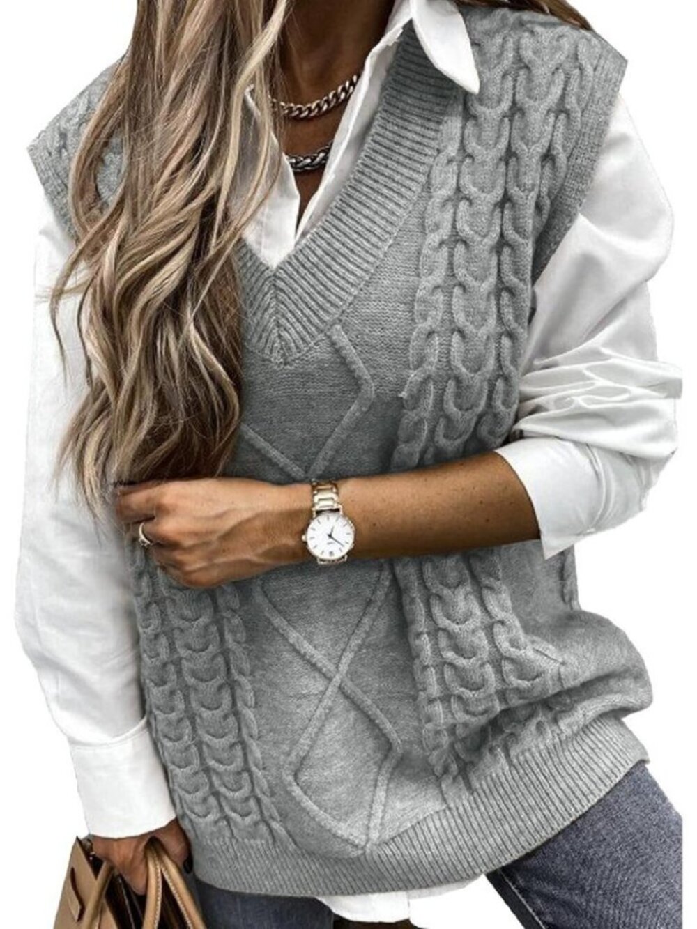 Womens V Neck Oversized Cable Knit Light Grey Sweater Vest Sleeveless Pullover
